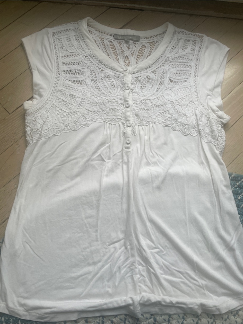 Daniel Rainn White Crochet Yoke Cap Sleeve Top